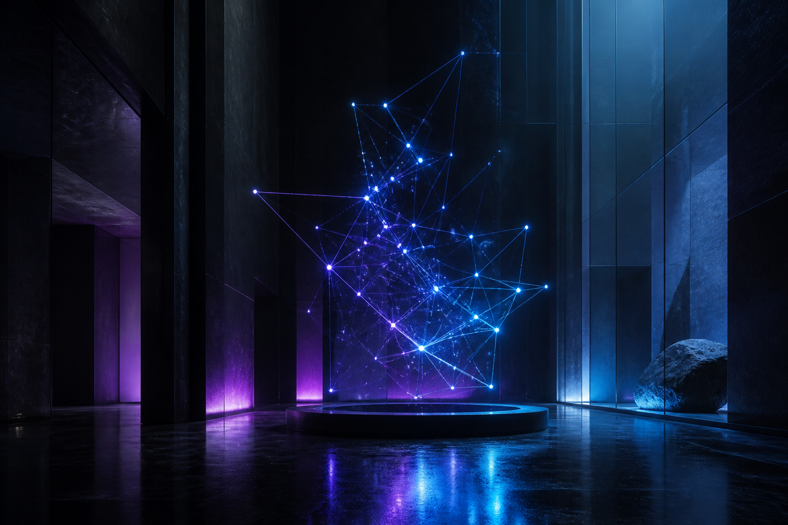 Quiet architectural space with a sculptural network of light at its center