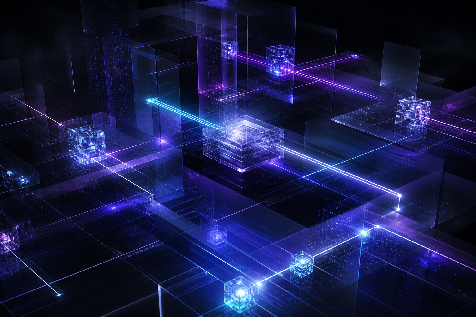 Abstract luminous network of connected intelligence modules in violet, blue and cyan light