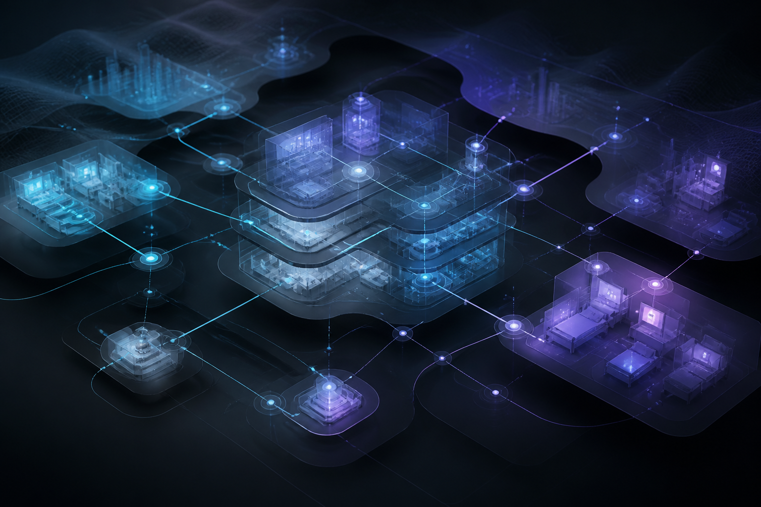 Abstract diagnostic layers and connected nodes representing healthcare operations intelligence