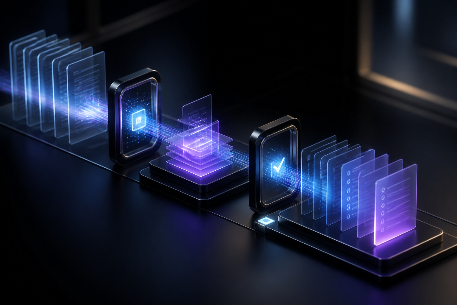 Translucent document planes moving through an intelligent processing path