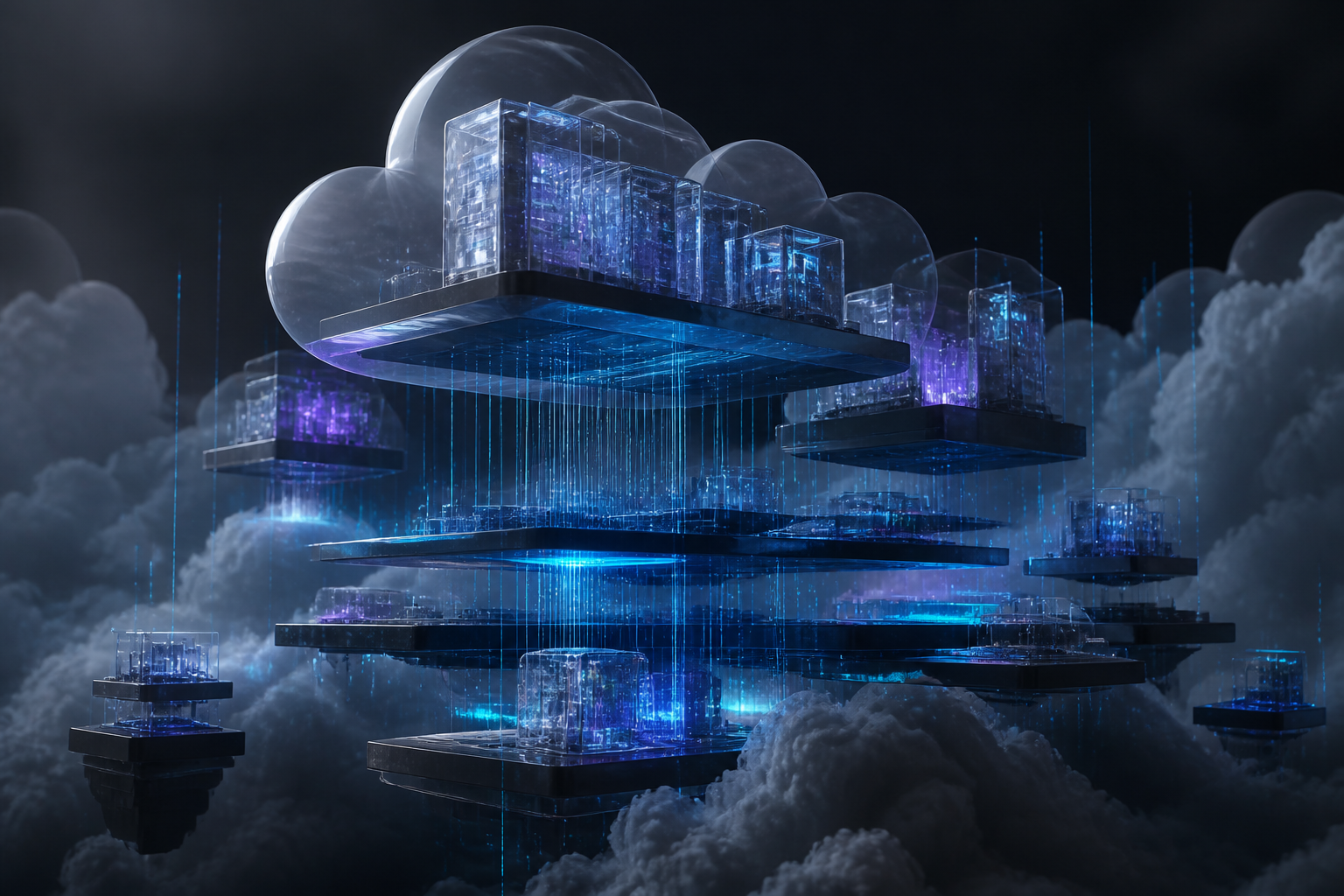 Atmospheric cloud landscape of floating platforms and cascading cyan light
