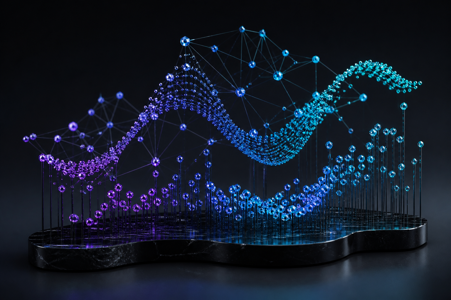 Sculptural constellation of crystalline data points forming abstract analytical patterns