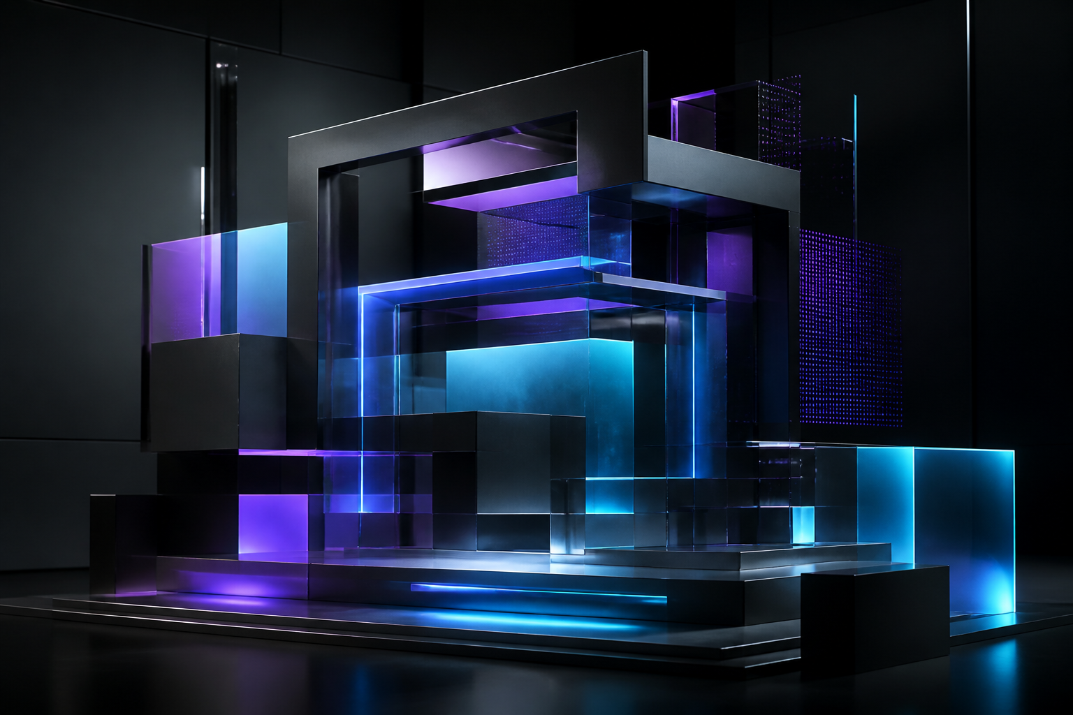 Precision geometric structures suggesting a digital product being assembled