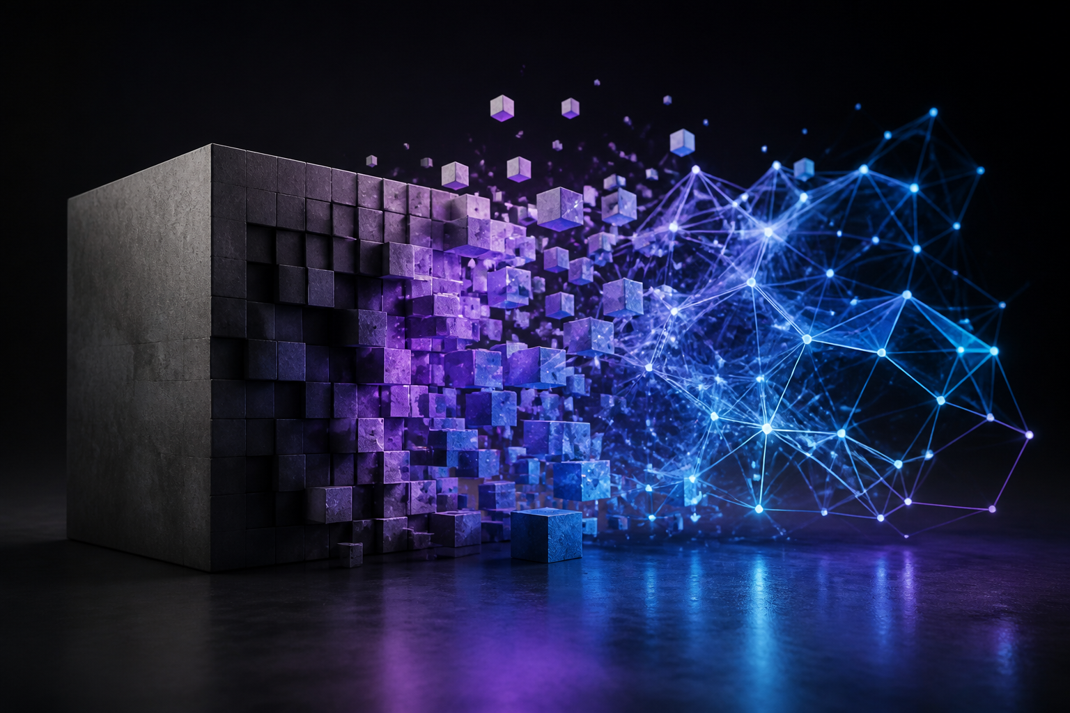 A form unfolding from solid geometry into a luminous connected structure