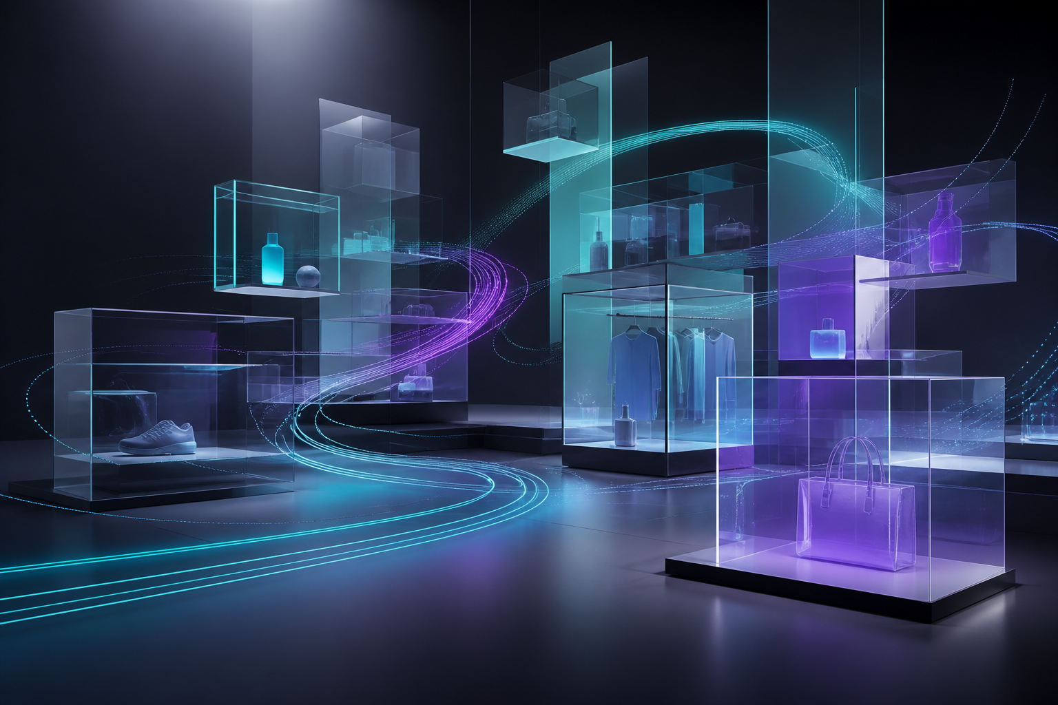Abstract showroom of geometric volumes with light paths suggesting customer journeys