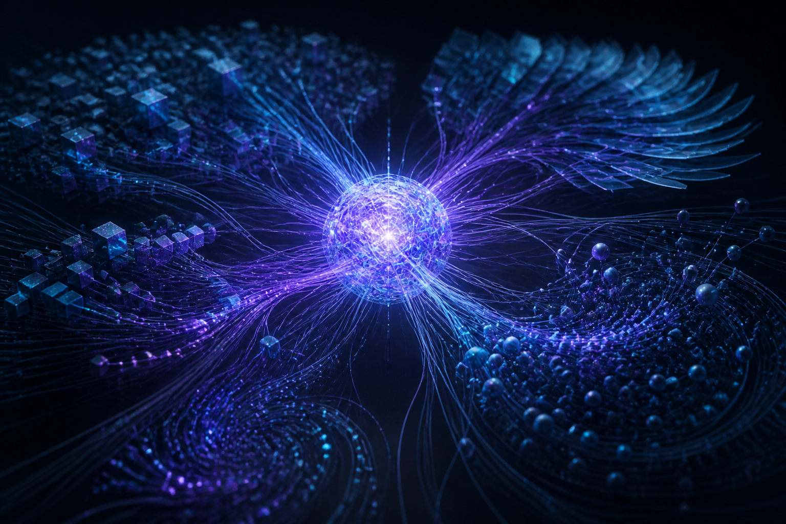 A luminous intelligence core with knowledge filaments radiating outward