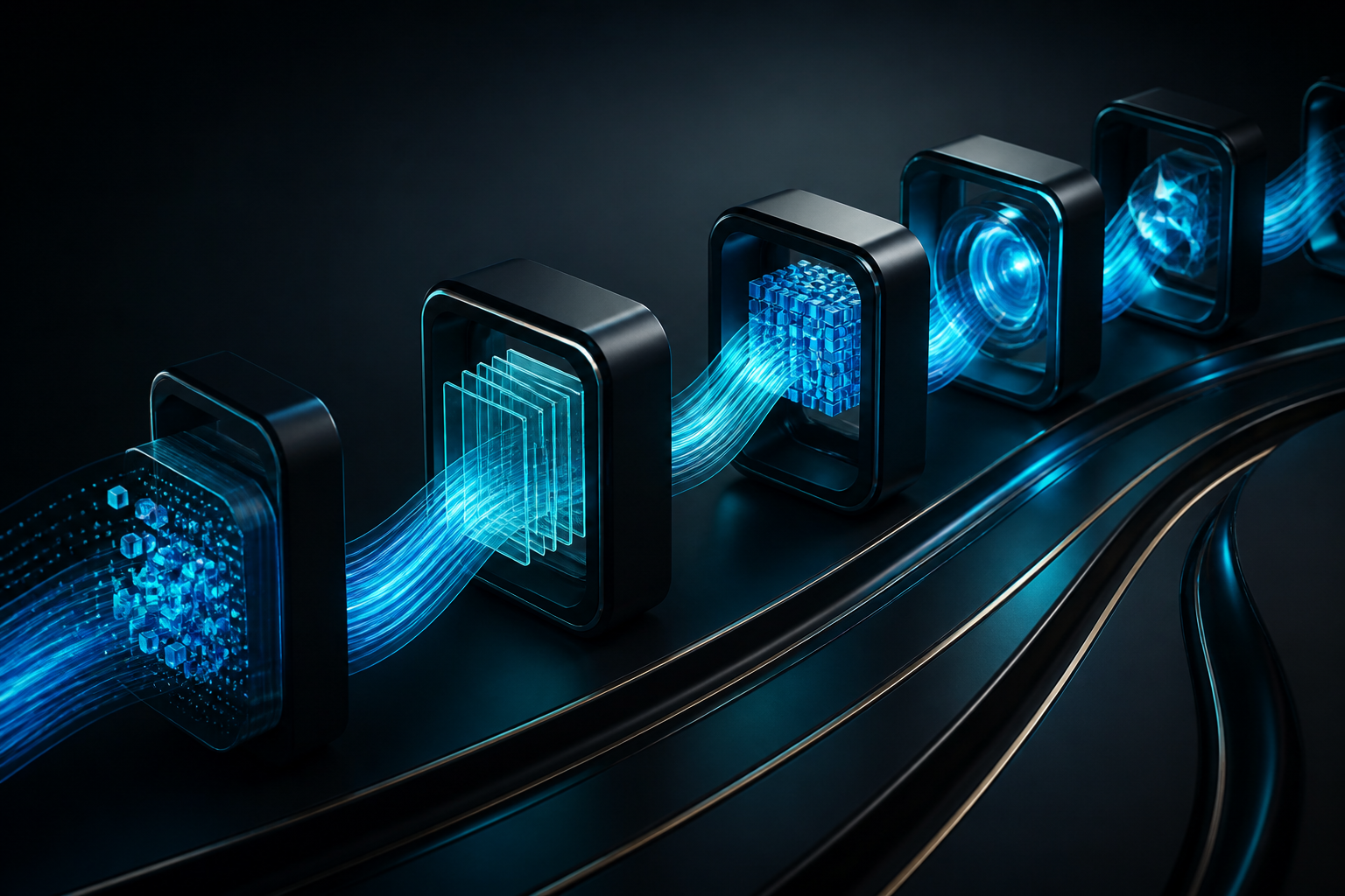 Linked glowing modules in a flowing automation sequence