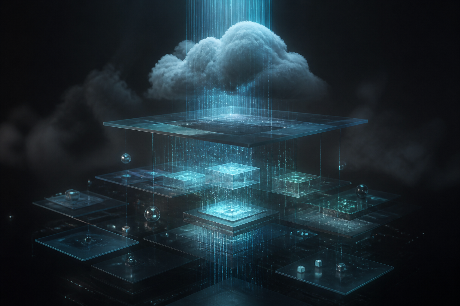 Floating translucent platforms in a quiet atmospheric cloud landscape