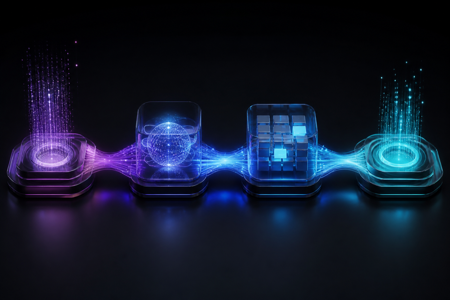 Abstract sequential workflow of glowing modules connected by flowing light